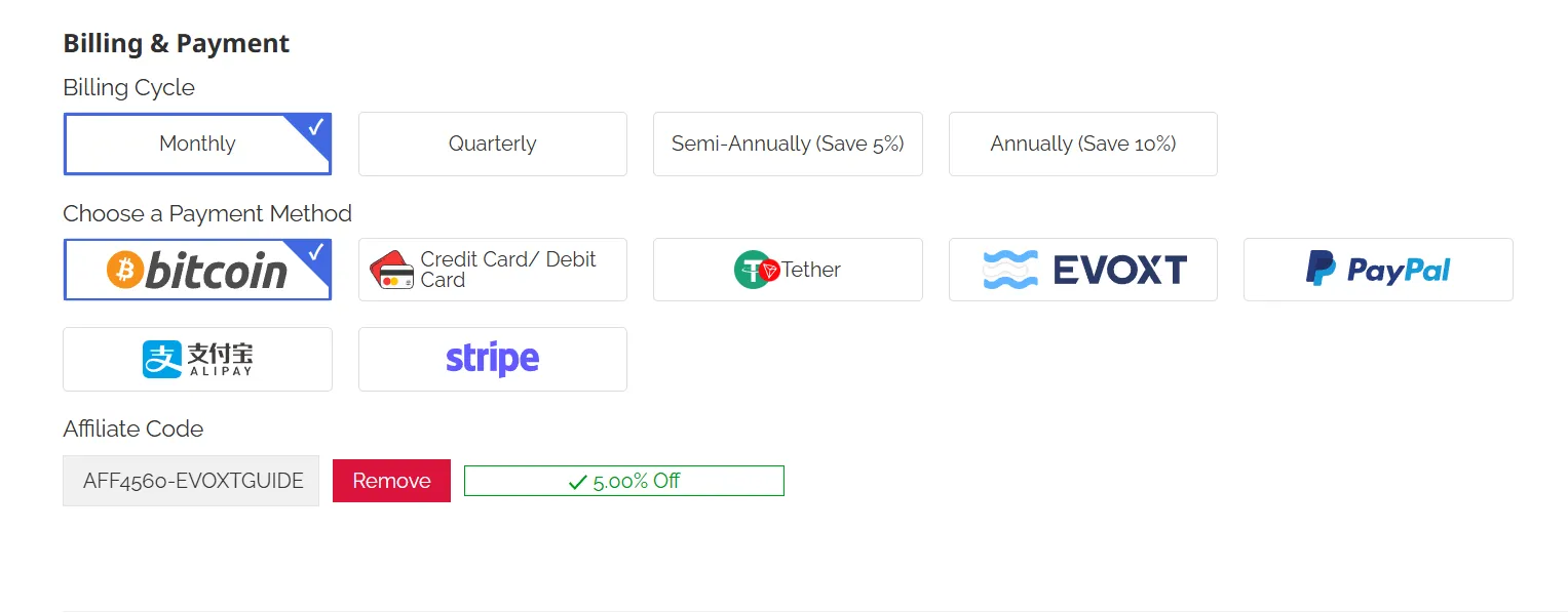 Evoxt 的优惠码输入框 Affiliate Code